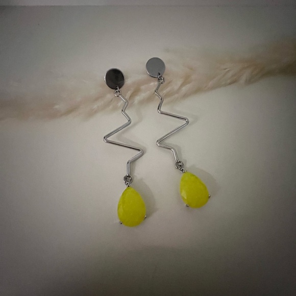 Minimalist Retro Silver & Yellow Earrings - Mid-Century Long Statement Earrings - Picture 12 of 15